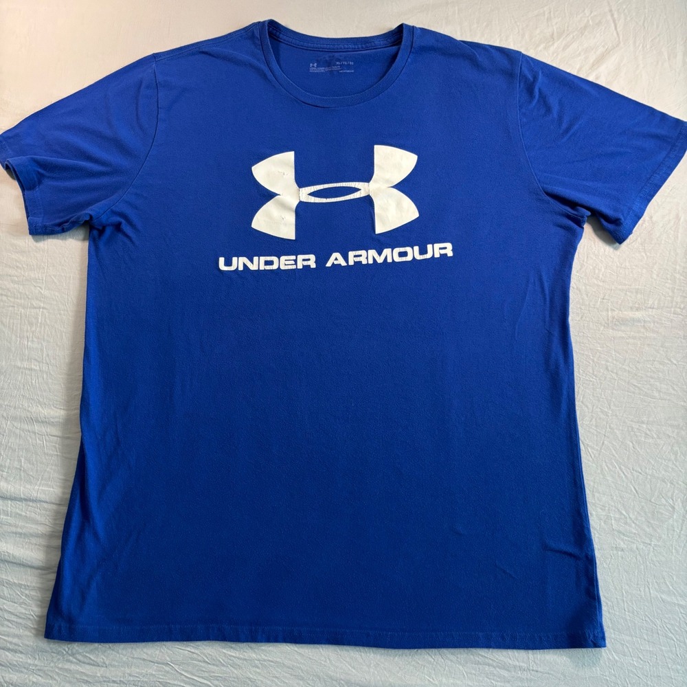 Under Armour HeatGear Blue Graphic T-Shirt Mens XL Loose Fit Short Sleeve